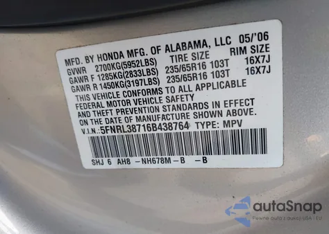2006 Honda Odyssey Ex-L from USA, damaged, VIN 5FNRL38716B438764
